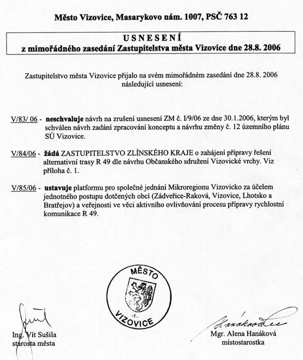 Usnesení z mimořádného zasedání zastupitelstva města Vizovice dne 28.8.2006.