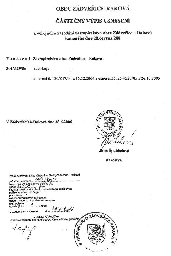 Výpis z usnesení zastupitelstva obce Zádveřice-Raková